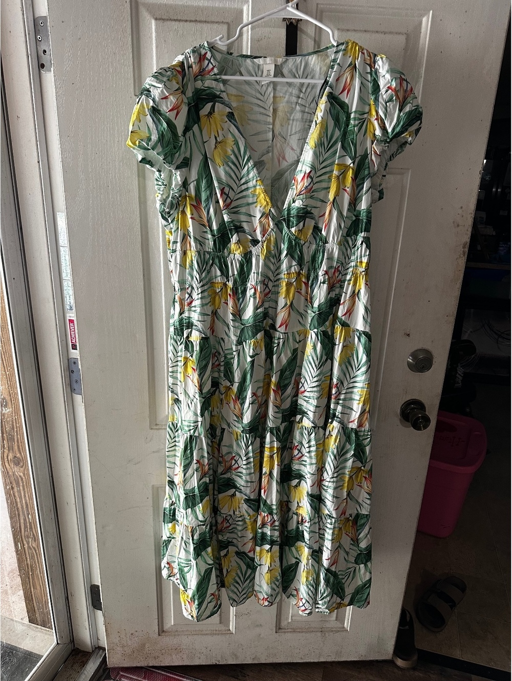 Floral Print V-Neck Midi Dress with Puff Sleeves XL